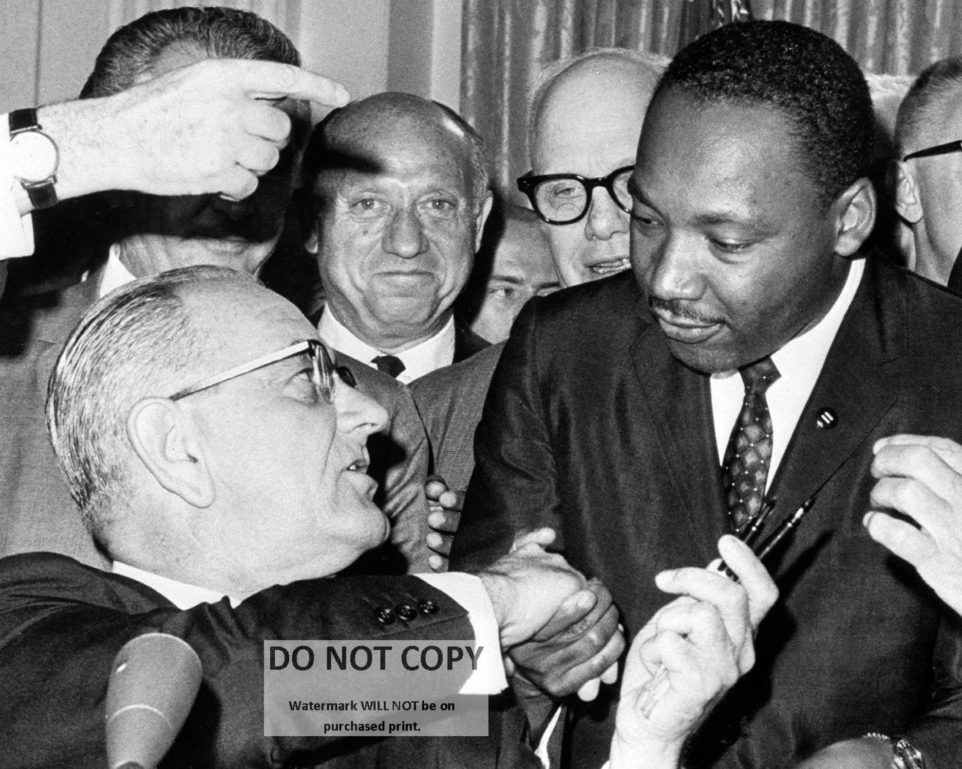 President Lyndon Johnson Shakes Hands With Martin Luther King, Jr. After 1964 Civil Rights Act Signing - 8X10 or 11X14 Photo (MW-812)