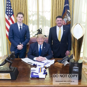 President Donald Trump w/ LSU Head Football Coach Ed Orgeron and Heisman Winning Quarterback Joe Burrow - 5X7, 8X10 or 11X14 Photo (DD-993)