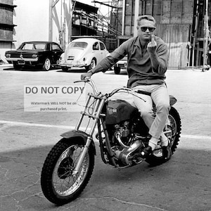 Steve McQueen Sitting on a Motorcycle and Making His Feelings Known - 5X7, 8X10 or 11X14 Photo (AB-890)