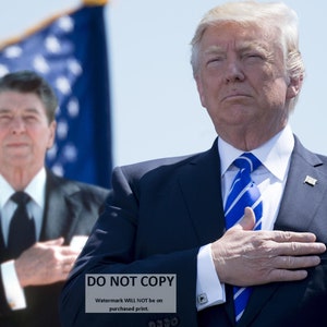 Donald Trump with Hand Over Heart and Ronald Reagan Image in Background - 5X7, 8X10 or 11X14 Photo (AZ-890)