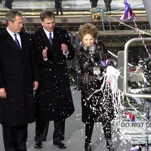 Former First Lady Nancy Reagan Christens the USS Ronald Reagan as President George W. Bush Watches - 5X7, 8X10 or 11X14 Photo (EP-022)