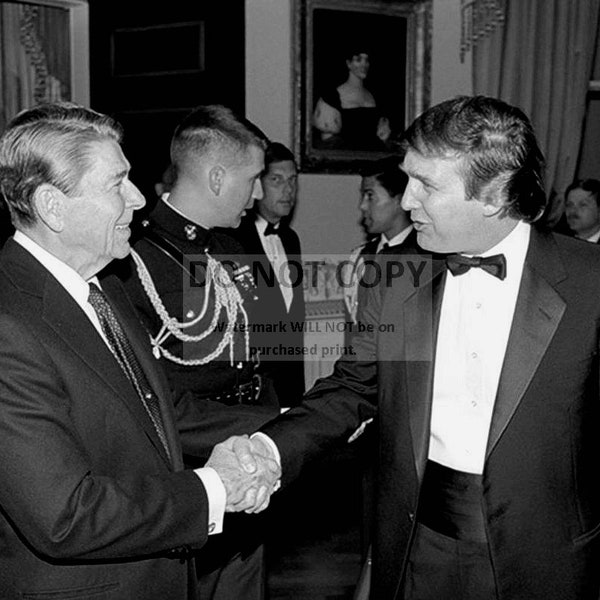 President Ronald Reagan Greets Donald Trump During a 1987 Event at the White House - 5X7 or 8X10 Photo (XEE-149)