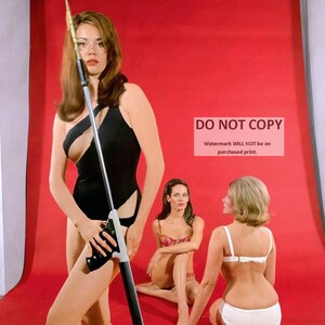 May include: Three women in swimsuits pose against a red background. One woman holds a spear gun. The text "DO NOT COPY" appears in the upper right corner of the image. The text "Watermark WILL NOT be on purchased print." appears below the text "DO NOT COPY".