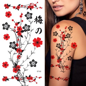 Supperb® Temporary Tattoos - Red Plum Flowers Red Floral Tattoos, Plum Blossom Temporary Tattoos