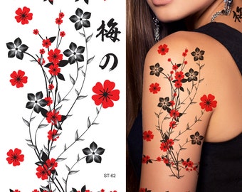 Supperb® Temporary Tattoos - Red Plum Flowers Red Floral Tattoos, Plum Blossom Temporary Tattoos