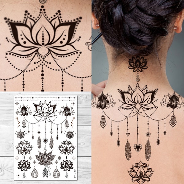 Supperb tatouages temporaires - Mandala floral lotus plume fleur bijoux Boho tatouage au henné