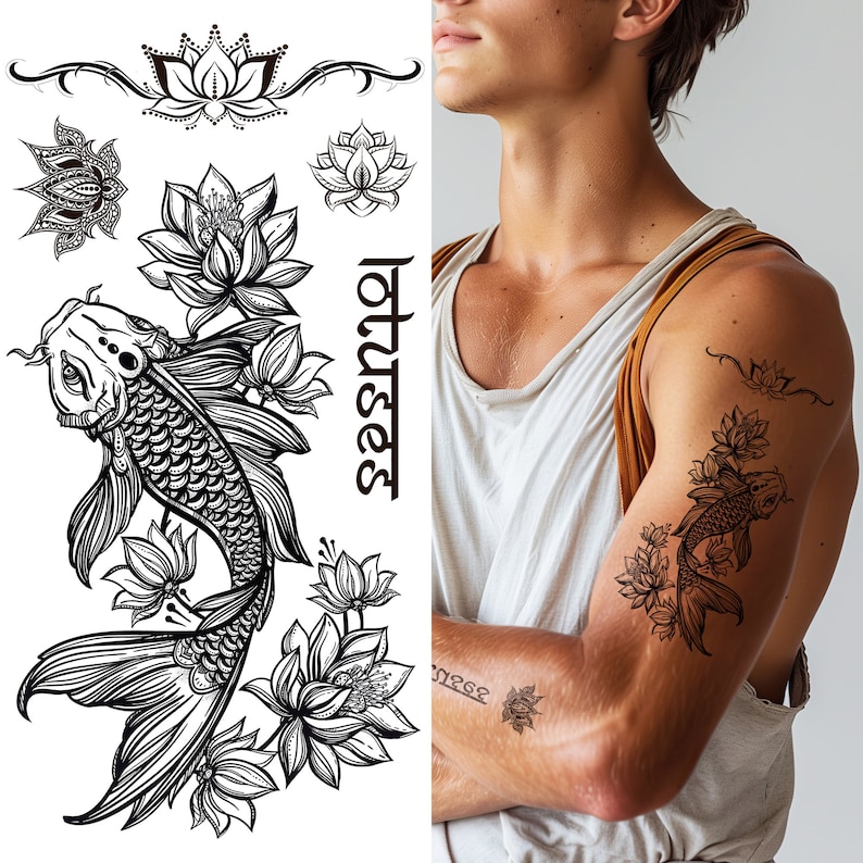 Puede incluir: Hoja de tatuajes temporales en blanco y negro con una carpa koi rodeada de flores de loto. Se incluyen dise&ntilde;os adicionales de flores de loto y ornamentales. La palabra "lotuses" est&aacute; escrita verticalmente. El dise&ntilde;o se muestra en el brazo de una persona.