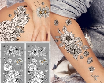 Supperb White Tijdelijke Tattoos - Handgetekende Geïnspireerde Witte & Zwarte Bloemen Witte Rozen (Set van 2)