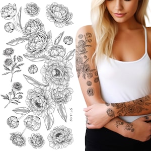 Supperb® Temporary Tattoos - Black and White Floral Temporary Tattoos, Vintage Flower Tattoos,  Hand Drawn Peony Tattoos, Arm Leg Tattoos