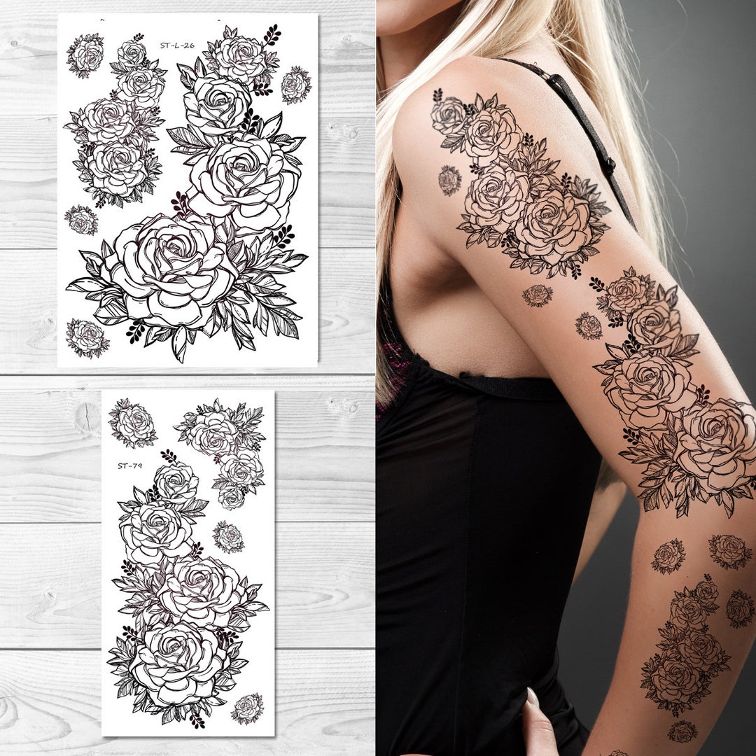 Black And White Rose Sleeve Tattoos For Women