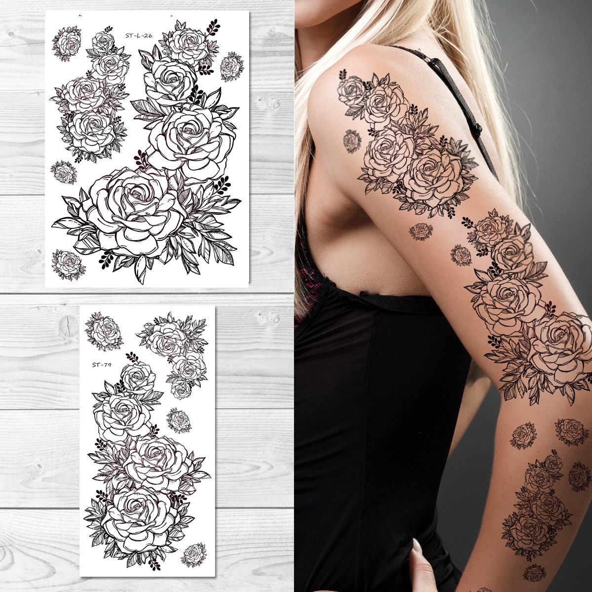 Supperb Temporary Tattoos Hand Drawn Black White Roses Etsy