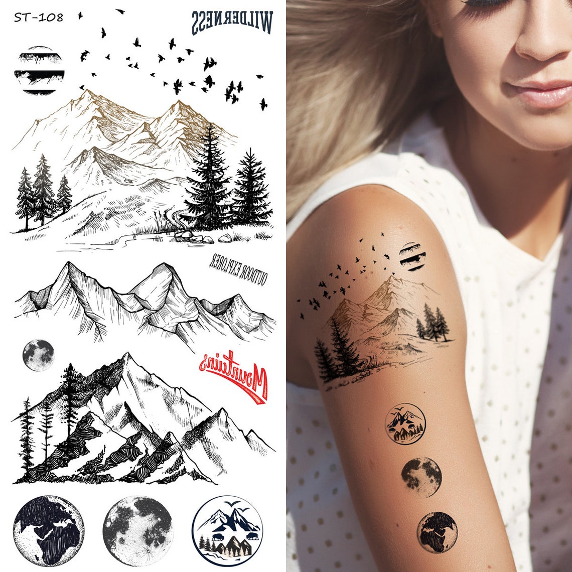 Supperb® temporäre Tattoos Berg Umriss Mond Baum Vögel Etsy