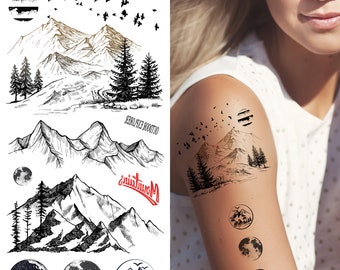 Supperb® Temporary Tattoos - Mountain Outline Moon Tree Birds Wildness Adventure Bohemian Temporary Tattoos