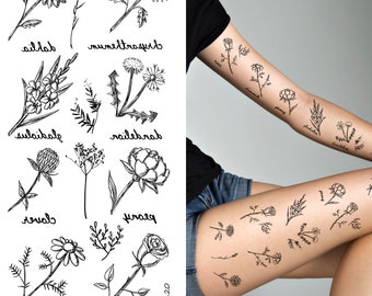 Supperb Temporary Tattoos - Small black roses flowers peony chrysanthemum dahlia dandelion gladiolus chamomile temporary tattoos (Set of 2)