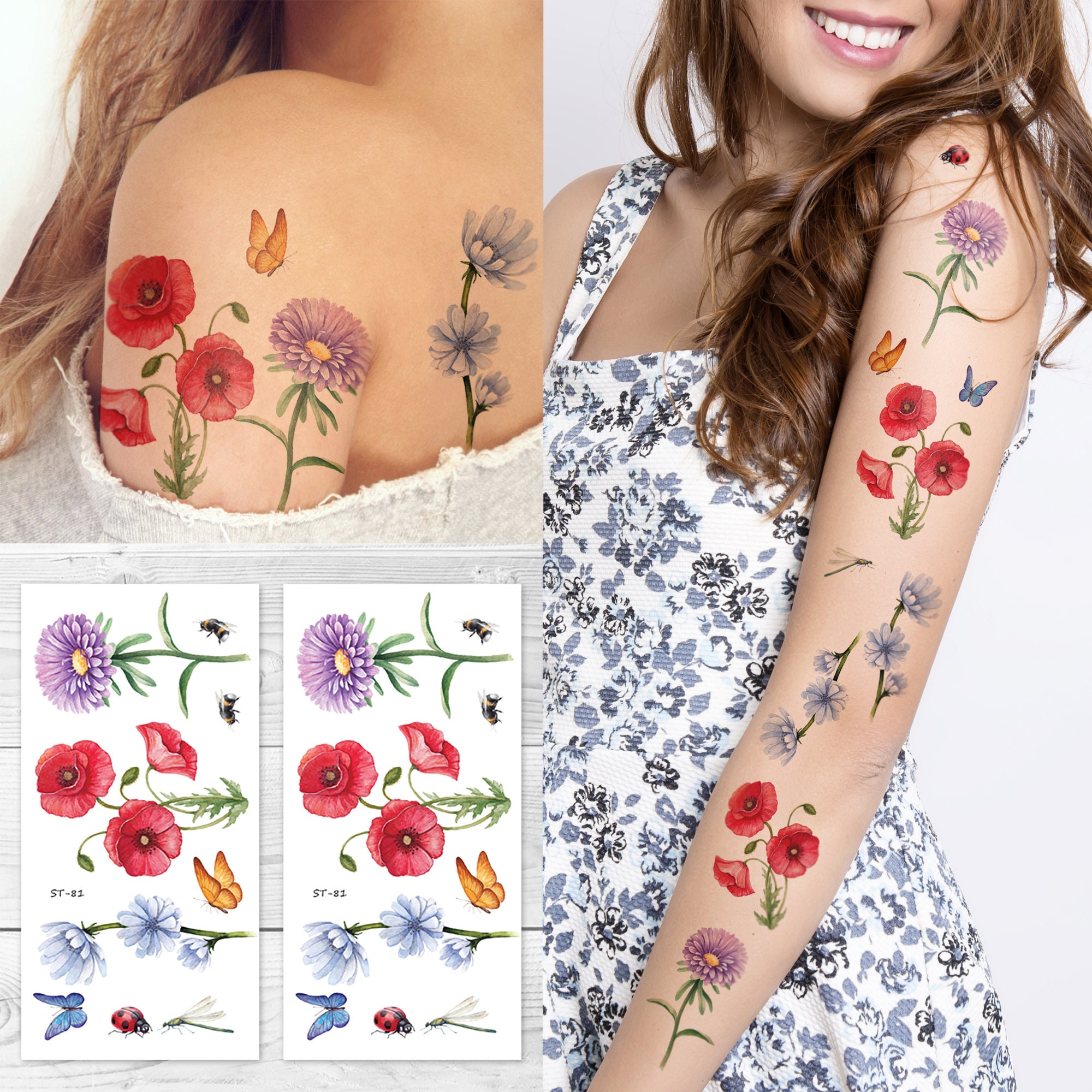 Supperb Temporary Tattoos Hand Drawn Colorful Flower Tattoo - Etsy Australia