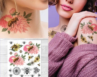 Supperb Temporary Tattoos - Watercolor Pink Chrysanthemum & Honey Bee Tattoo Tattoos, Vintage Bee Temporary Tattoo