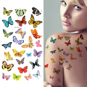May include: A sheet of temporary tattoos featuring colorful butterfly designs. The sheet includes a variety of butterfly shapes and sizes, with vibrant colors like blue, yellow, green, red, and purple.