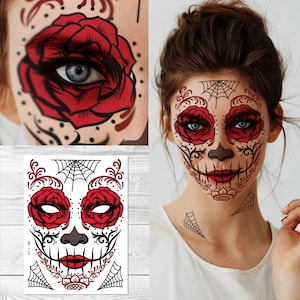 Supperb Halloween Gesicht Tattoo Day of the Dead Sugar Skull Red Rose Temporäres Gesicht Tattoo Kit