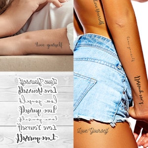 Supperb® Quote Temporary Tattoos 7 Love yourself Handwriting Typography Empowering Tattoo Temporary Tattoos (Set of 7)