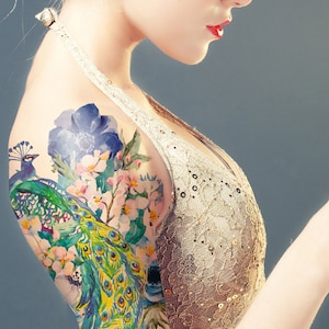 Supperb Large Temporary Tattoos - Watercolor Dream of peacock & Blue Flowers
