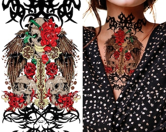 Supperb Halloween Tattoo - Day of the Dead Sugar Skull with roses Hand Drawn Skulls w/ roses Temporary Tattoo (Set of 2)