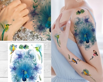 Supperb Duże Tymczasowe Tatuaże - Akwarelowe Marzenie o Pawiu i Kolibrach