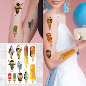 Supperb® Temporary Tattoos - Watercolor Ice Cream Temporary Tattoos, Popsicles Ice Pops Cone Dessert Birthday Party Tattoo Stickers