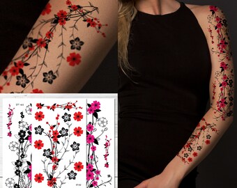 Supperb® Temporary Tattoos -  Red & Pink Plum Flowers Red Floral Tattoo Sleeve Large Tattoo Arm Tattoos