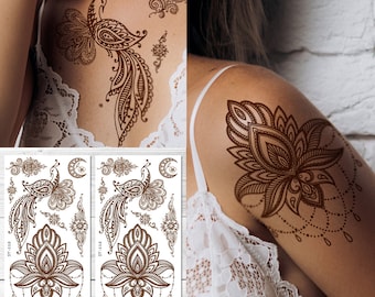 Supperb Temporary Tattoos - Inspired Henna Peacock Moon Jewelry Healing Yoga Meditation Tattoo (Set of 2)