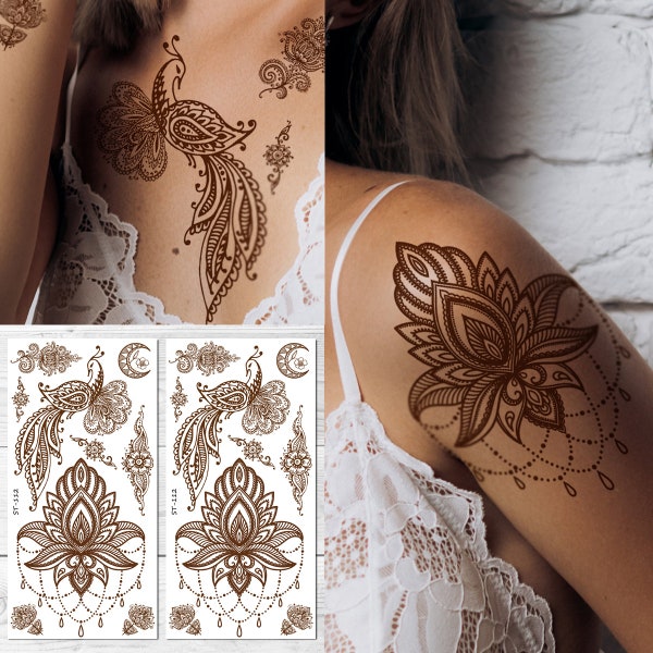 Supperb Temporary Tattoos - Inspired Henna Peacock Moon Jewelry Healing Yoga Meditation Tattoo (Set of 2)