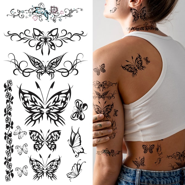 Supperb® Temporary Tattoos - Black Tribal Butterflies Temporary Tattoo (Set of 2)