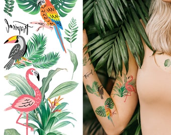 Supperb Temporary Tattoos - Watercolor tropical plants Leaf,  Pink flamingo, Hand Drawn Summer Hibiscus Tattoos