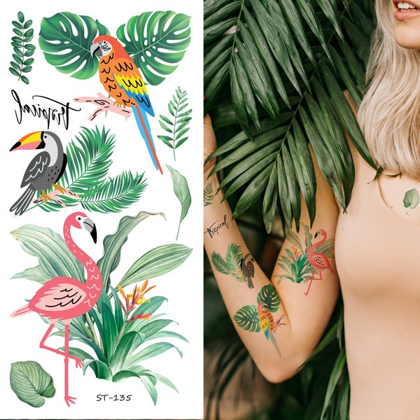 Supperb tatouages temporaires - feuilles de plantes tropicales aquarelles, flamant rose, tatouages d'hibiscus d'été dessinés à la main