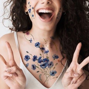 Supperb Temporary Tattoos - Watercolor style Handrawn Blue painted flowers floral Daisy Chrysanthemum wildflowers branches leaf Tattoo