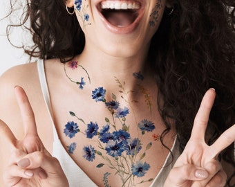 Supperb Temporary Tattoos - Watercolor style Handrawn Blue painted flowers floral Daisy Chrysanthemum wildflowers branches leaf Tattoo