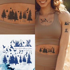 Könnte beinhalten: Temporäres Tattoo-Set mit Designs zum Thema Natur. Enthält Silhouetten von Kiefern, Vögeln, Bergen und einem Adler. Einige Designs enthalten Herzen und den Text "Never a Failure Always a Lesson".