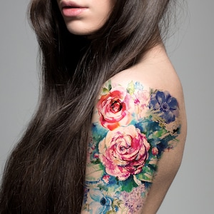 Supperb Large Temporary Tattoos - Watercolor Painting Bouquet of Summer Flowers