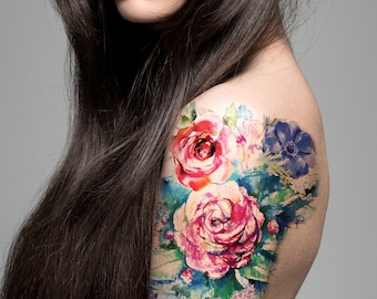 Supperb Large Temporary Tattoos - Watercolor Painting Bouquet of Summer Flowers