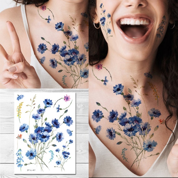 Watercolour floral script tattoo | Aster flower tattoos, Blue flower tattoos,  Flower tattoos