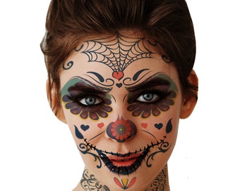 Supperb Halloween Face Tattoo Day of the Dead Sugar Skull Spider Temporary Face Tattoo Kit