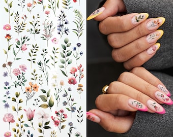 SUPPERB bloemen nagelstickers – handgetekende botanische bloem en blad nagelstickers, aquarelstijl – lente nail art voor doe-het-zelfmanicure set van 2