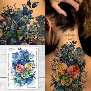 Supperb Large Temporary Tattoos Watercolor Blue Flowers Bouquet of Summer Dream image 2