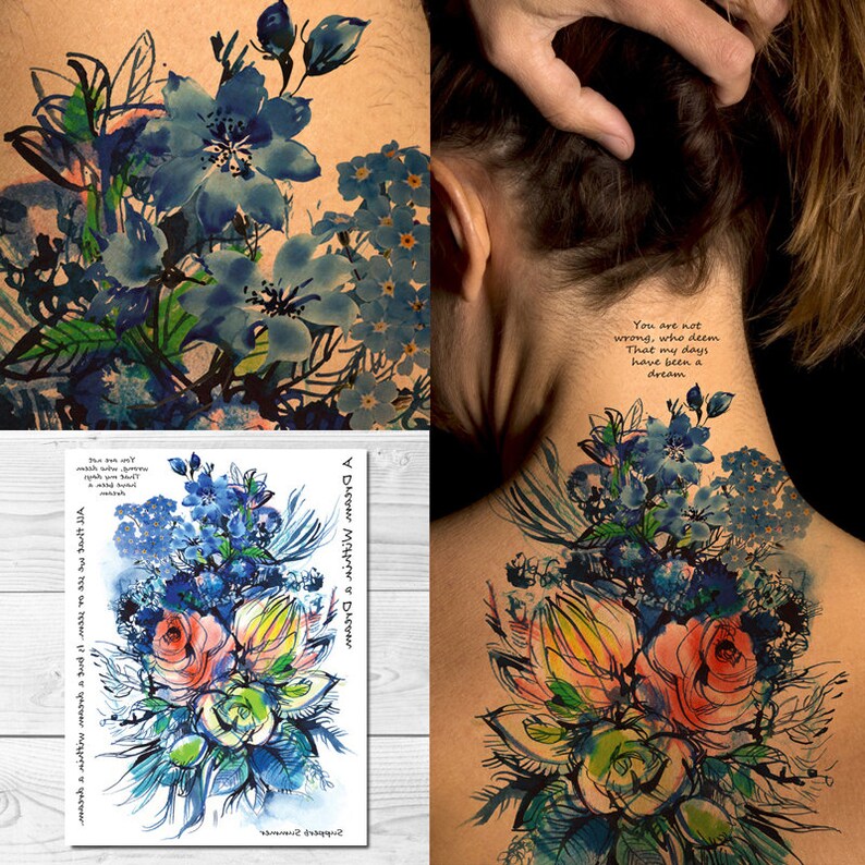 Supperb Large Temporary Tattoos Watercolor Blue Flowers Etsy UK