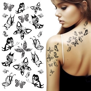 May include: A sheet of temporary tattoos featuring a variety of black butterfly designs. The tattoos are shown applied to a person's shoulder and upper back.