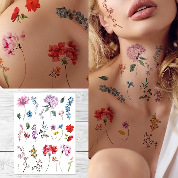Supperb Temporary Tattoos - Watercolor Floral Temporary Tattoos, Hand Drawn Flower Tattoos Realistic Floral Wildflowers Branches Leaf Tattoo