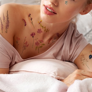 Supperb Temporary Tattoos - Watercolor handrawn painted small flowers floral wildflowers branches leaf herbs Tattoo (ST-118)