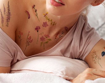 Supperb Temporary Tattoos - Watercolor handrawn painted small flowers floral wildflowers branches leaf herbs Tattoo (ST-118)