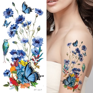 Supperb Temporary Tattoos - Hand drawn Watercolor Painting Bouquet of Summer Flowers butterflies hummingbird (ST-117)