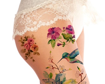 Supperb Large Temporary Tattoos - Spring flowers & Hummingbird