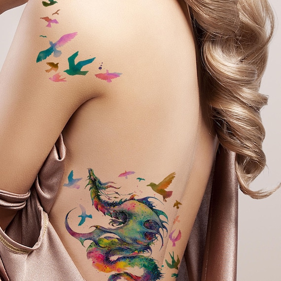 Supperb Large Temporary Tattoos Gorgeous Colorful Dragon birds
